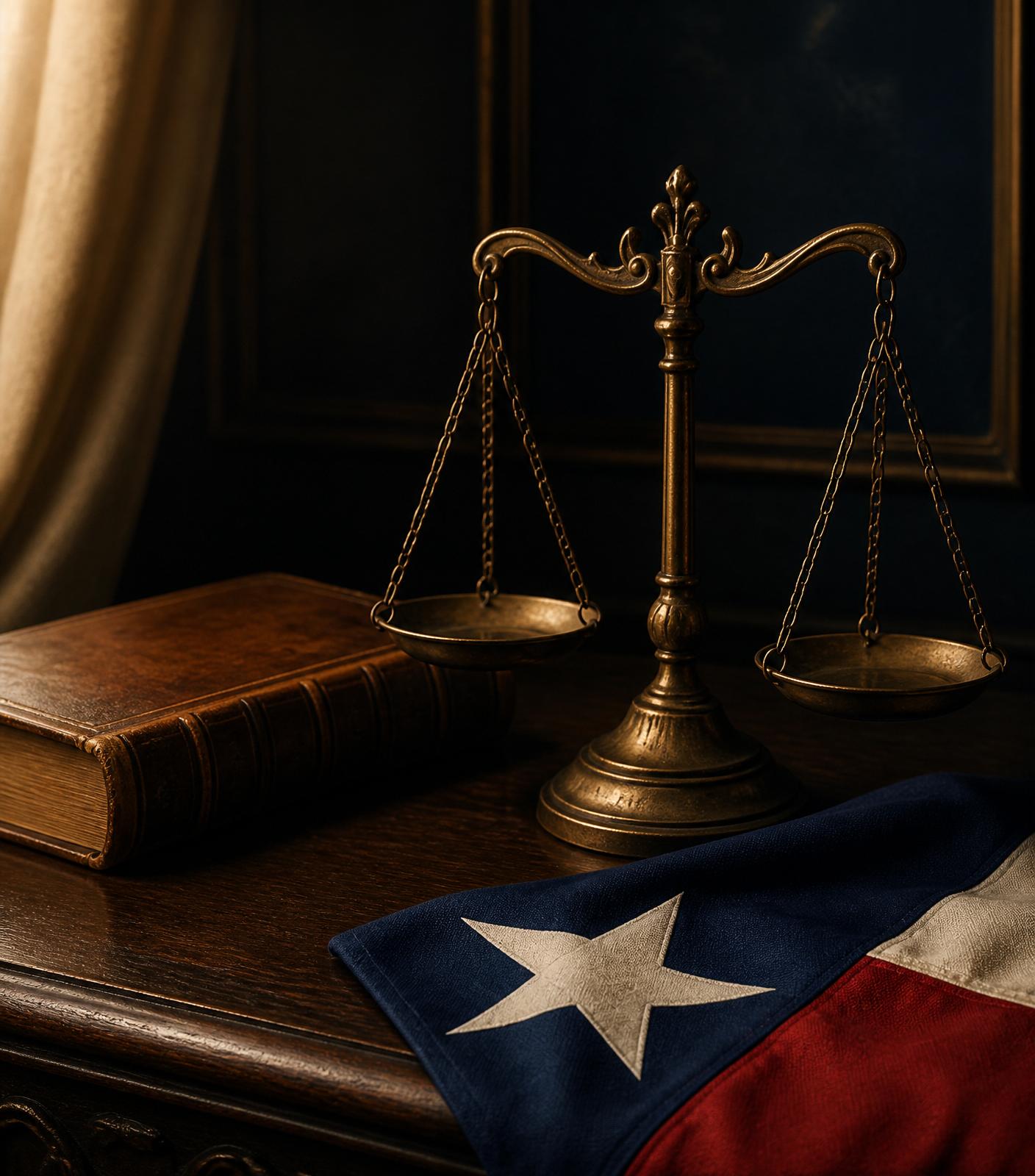 Scales of justice with a folded Texas flag